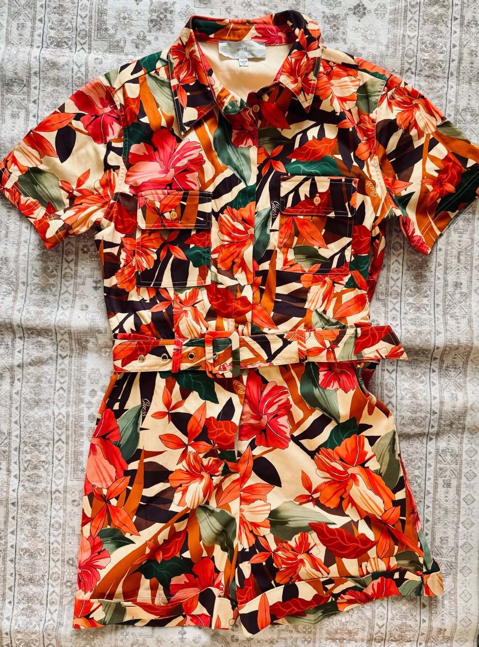 GUESS Tropical Floral Print Short Sleeve Belted Romper - Picture 2 of 2